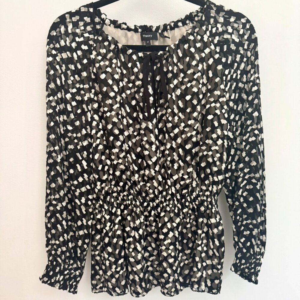 Theory Silk-blend Peplum Blouse Black and White Pattern